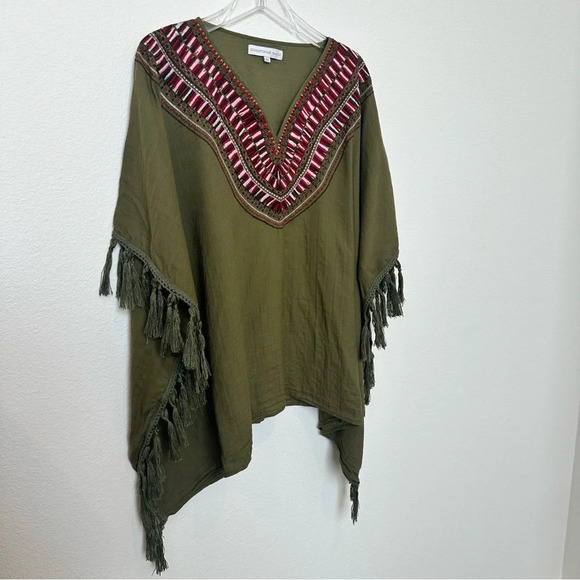 Christophe Sauvat Annie Embroidered Green Poncho With Fringe OS - Picture 2 of 7